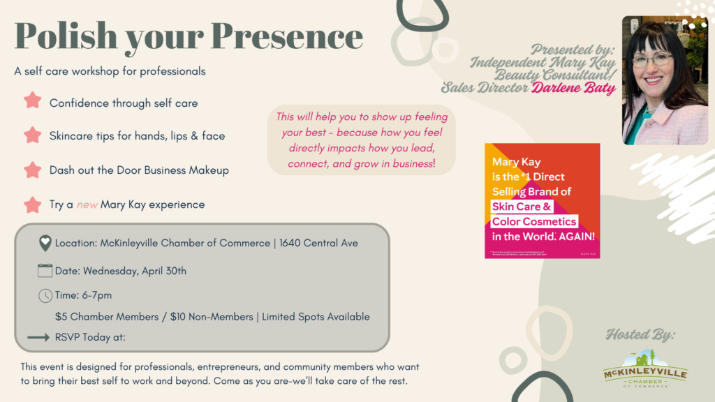 Polish Your Presence Self‑Care Workshop Flyer for a self‑care workshop titled “Polish Your Presence” hosted at the McKinleyville Chamber.