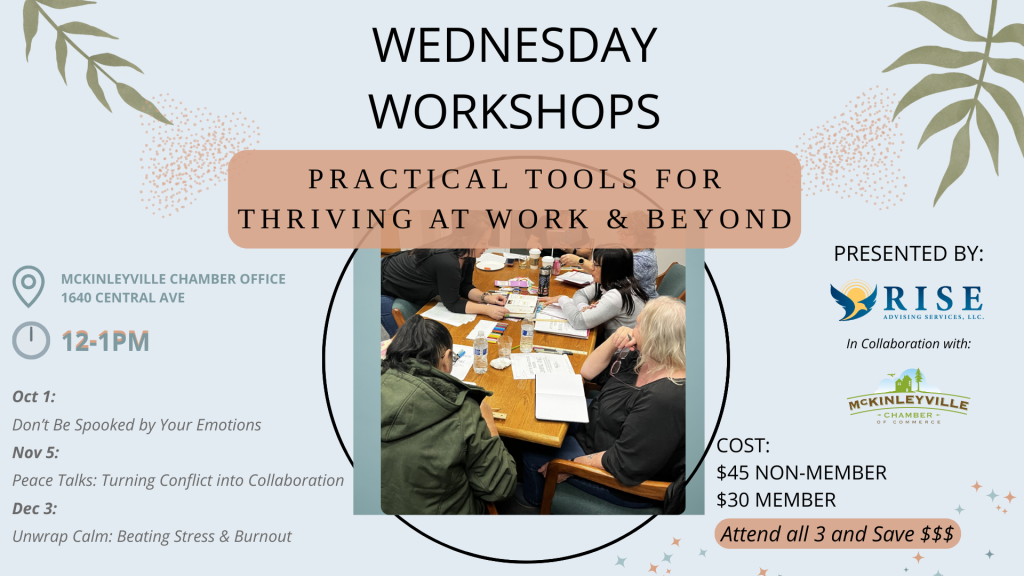 Wednesday Workshops: Practical Tools for Thriving Flyer for Wednesday Workshops on workplace well‑being at the McKinleyville Chamber Office.