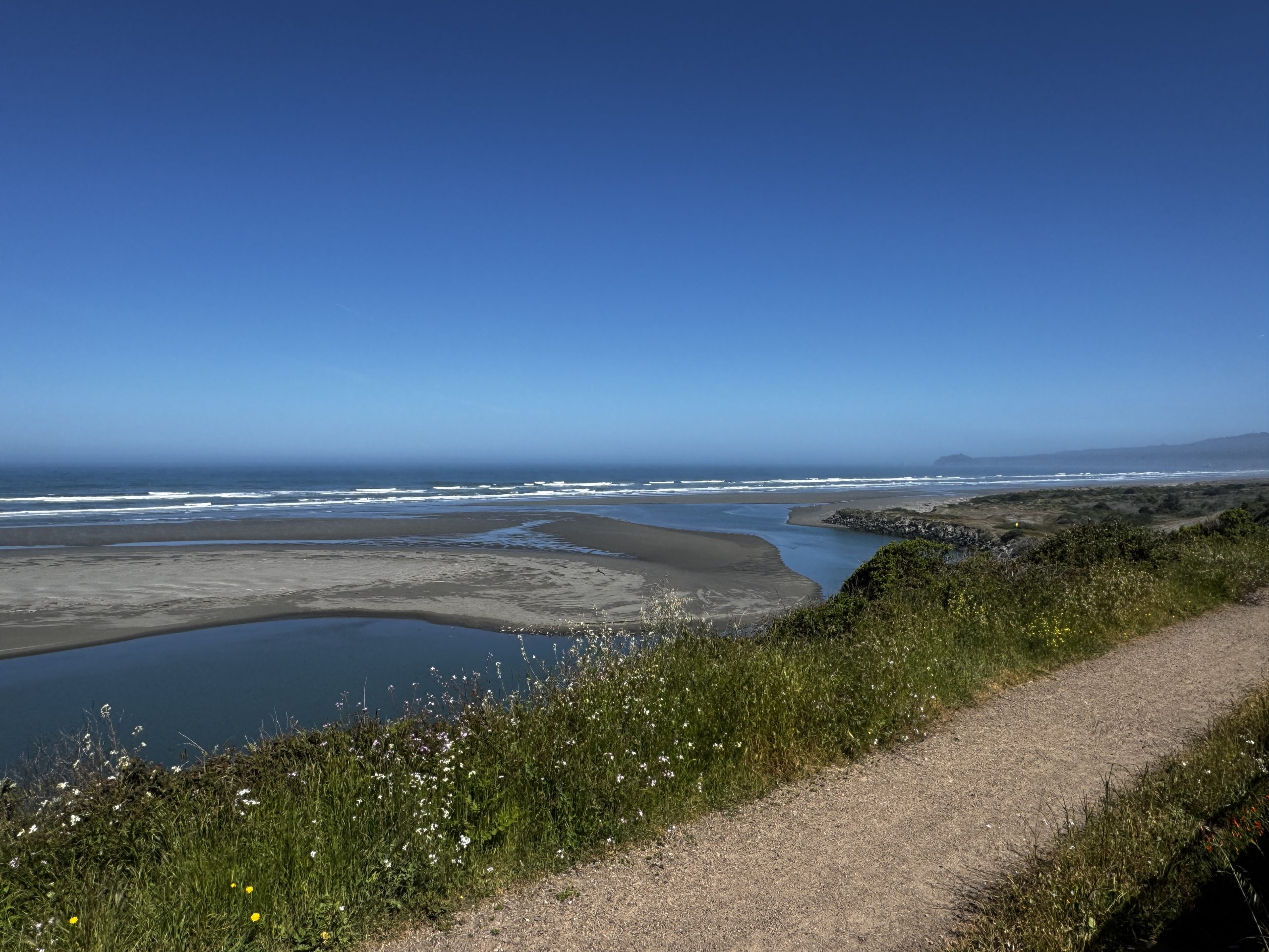 View of Clam Beach and coastal estuary from the bluff trail in McKinleyville, California on a clear blue day