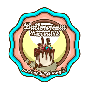 Buttercream Broomstick logo featuring a chocolate dripping cake on a broomstick with the tagline making sweet magic in a wavy turquoise and pink border