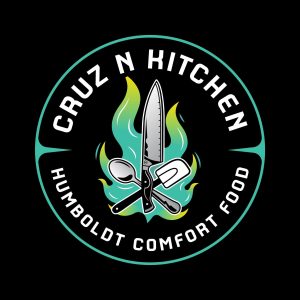 Cruz N Kitchen logo featuring a chef knife, spoon, and spatula over green flames with text Humboldt Comfort Food