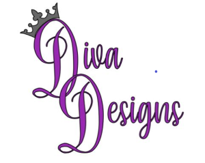 Diva Designs logo featuring stylized purple script text with a small grey tiara crown resting on the letter D