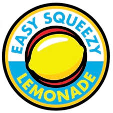 Easy Squeezy Lemonade circular logo featuring a large yellow lemon over a white and blue background with a thick black and gold border