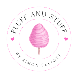 Fluff and Stuff logo featuring a pink cotton candy cone inside a dotted pink circle with text By Simon Elliott and two small pink hearts
