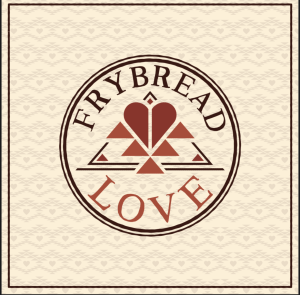 Frybread Love circular emblem logo featuring a stylized geometric heart and triangle design in shades of terracotta and brown on a cream background with a subtle geometric pattern