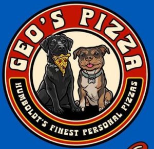 Geo's Pizza logo featuring a black lab holding a pizza slice and a brown pit bull puppy inside a circular emblem with text Humboldt's Finest Personal Pizzas