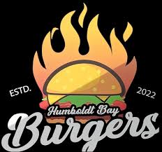 Humboldt Bay Burgers logo featuring a cheeseburger over a large orange flame with text Estd. 2022 on a black background