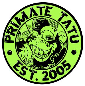 Primate Tatu circular logo in bright lime green and black, featuring an illustrated cartoon monkey holding a tattoo machine with text EST. 2005