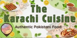 The Karachi Cuisine logo for authentic Pakistani food featuring a platter of seekh kebabs, a bowl of chicken curry, spices, fresh mint, lemon slices, and a map of Pakistan