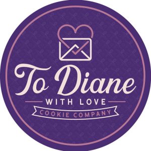 To Diane With Love Cookie Company circular logo in purple and mauve, featuring an envelope with a heart stamp above elegant white script text
