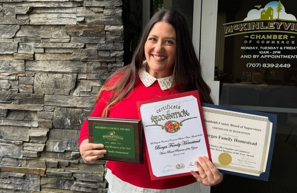 Home Based Business of the Year Presented to Borges Family Homestead Borges Family Homestead owner Liz Borges accepting her award for Home Based Business of the Year presented by the McKinleyville Chamber of Commerce