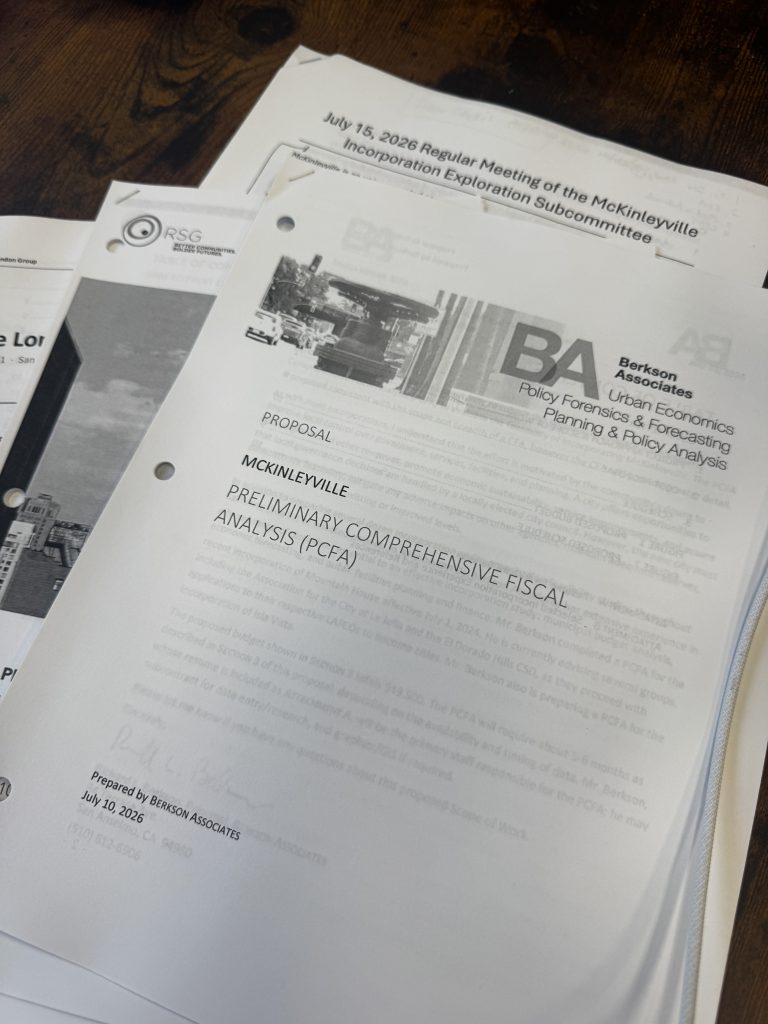 Printed materials for McKinleyville’s Preliminary Comprehensive Fiscal Analysis prepared by Berkson Associates.