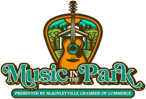 Music in the Park logo featuring a guitar and park pavilion, presented by McKinleyville Chamber of Commerce.
