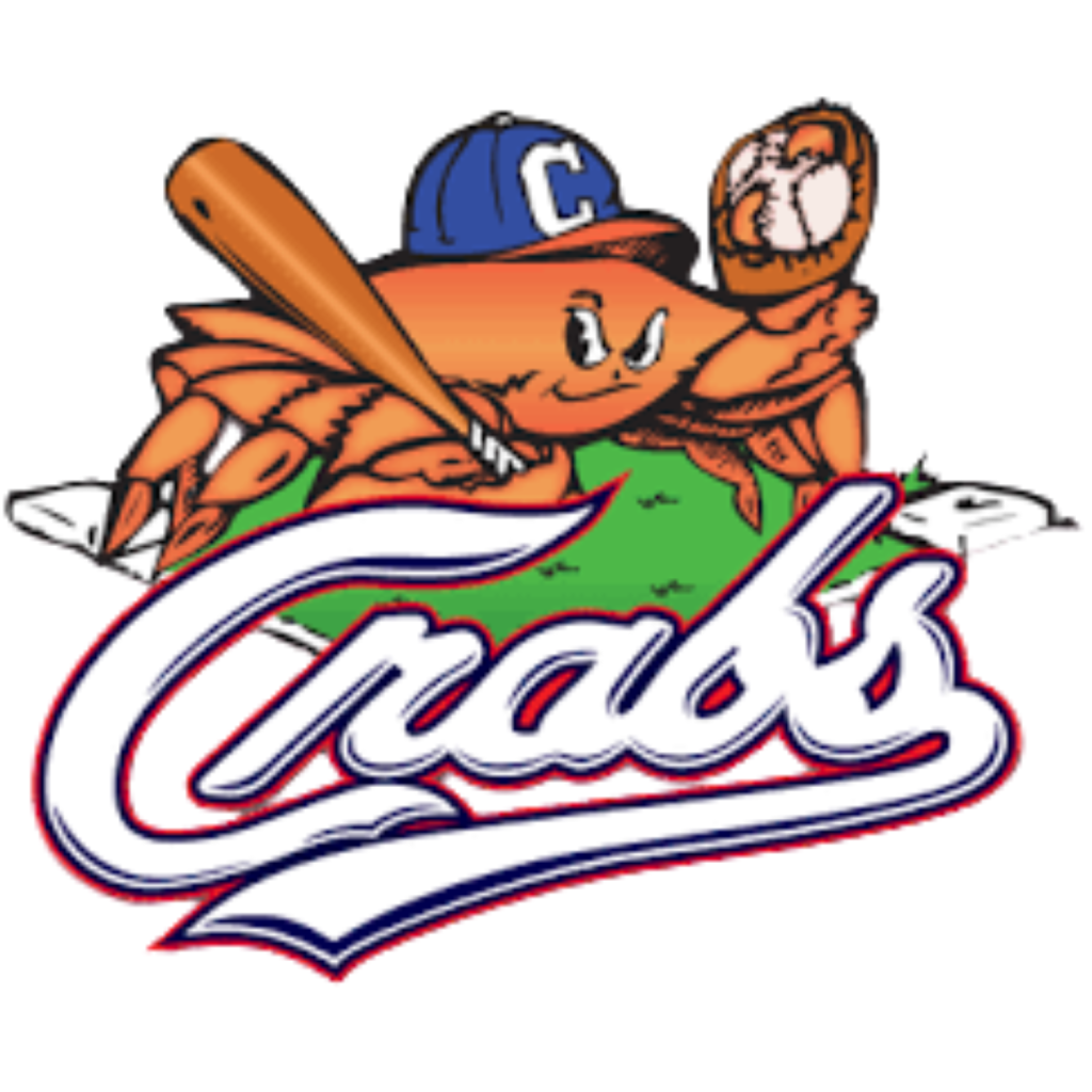 Humboldt Crabs logo featuring a cartoon crab wearing a baseball cap and holding a baseball bat