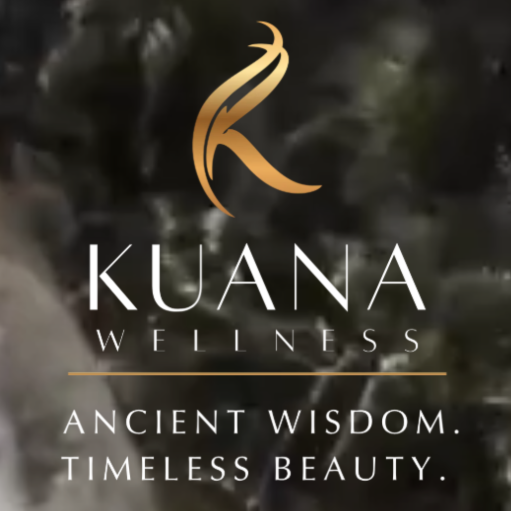 Kuana Wellness logo with gold botanical symbol and wellness tagline