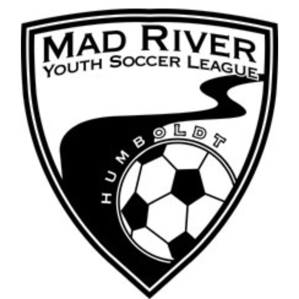 Mad River Youth Soccer League logo featuring a soccer ball and winding river inside a shield