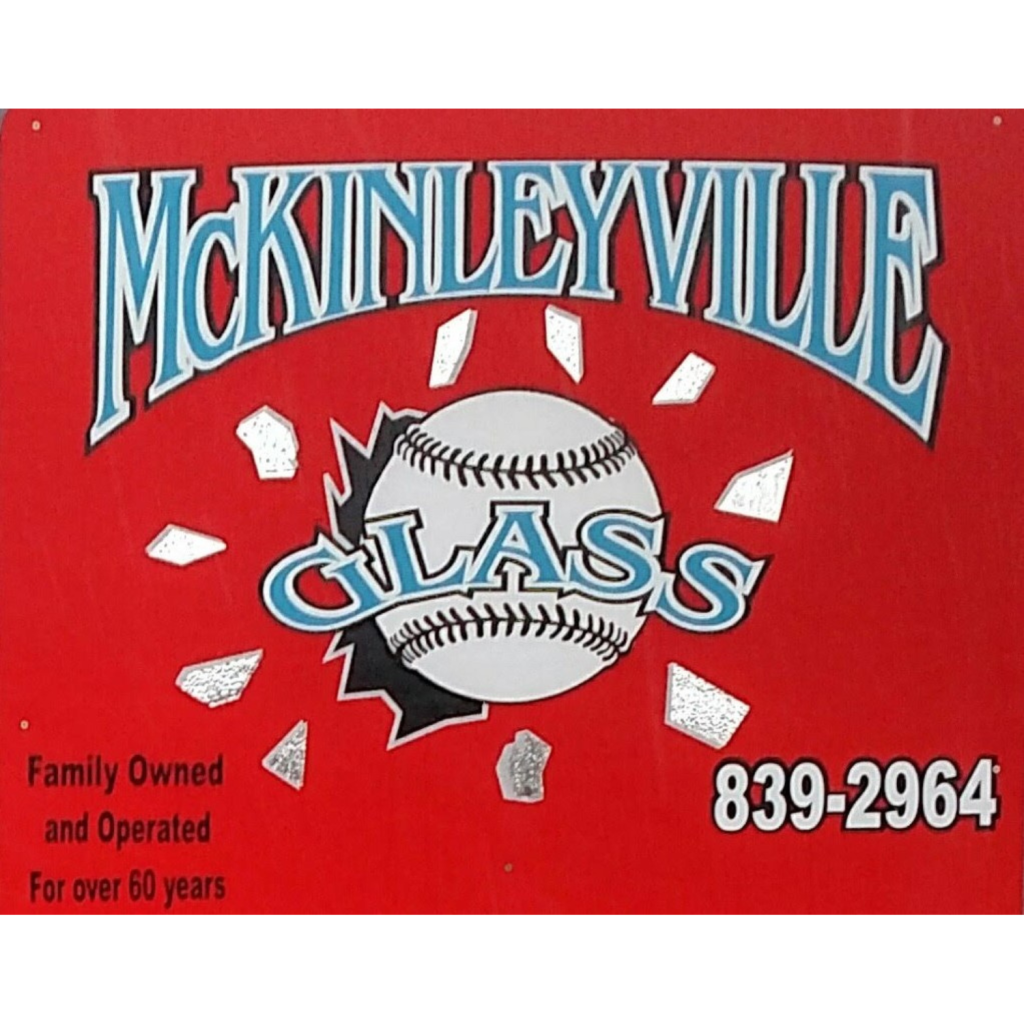 McKinleyville Glass logo featuring a baseball breaking through glass
