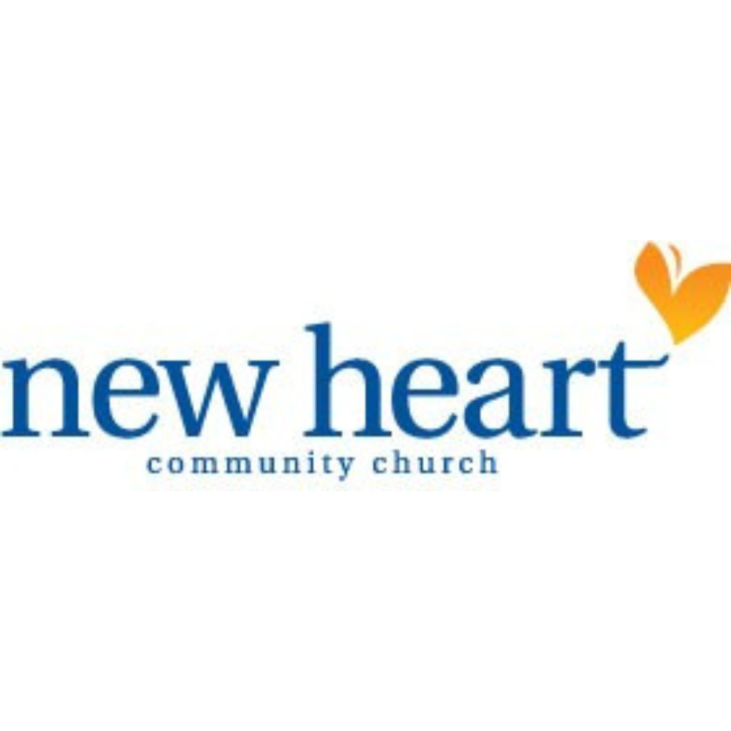 New Heart Community Church logo with blue lettering and an orange heart symbol