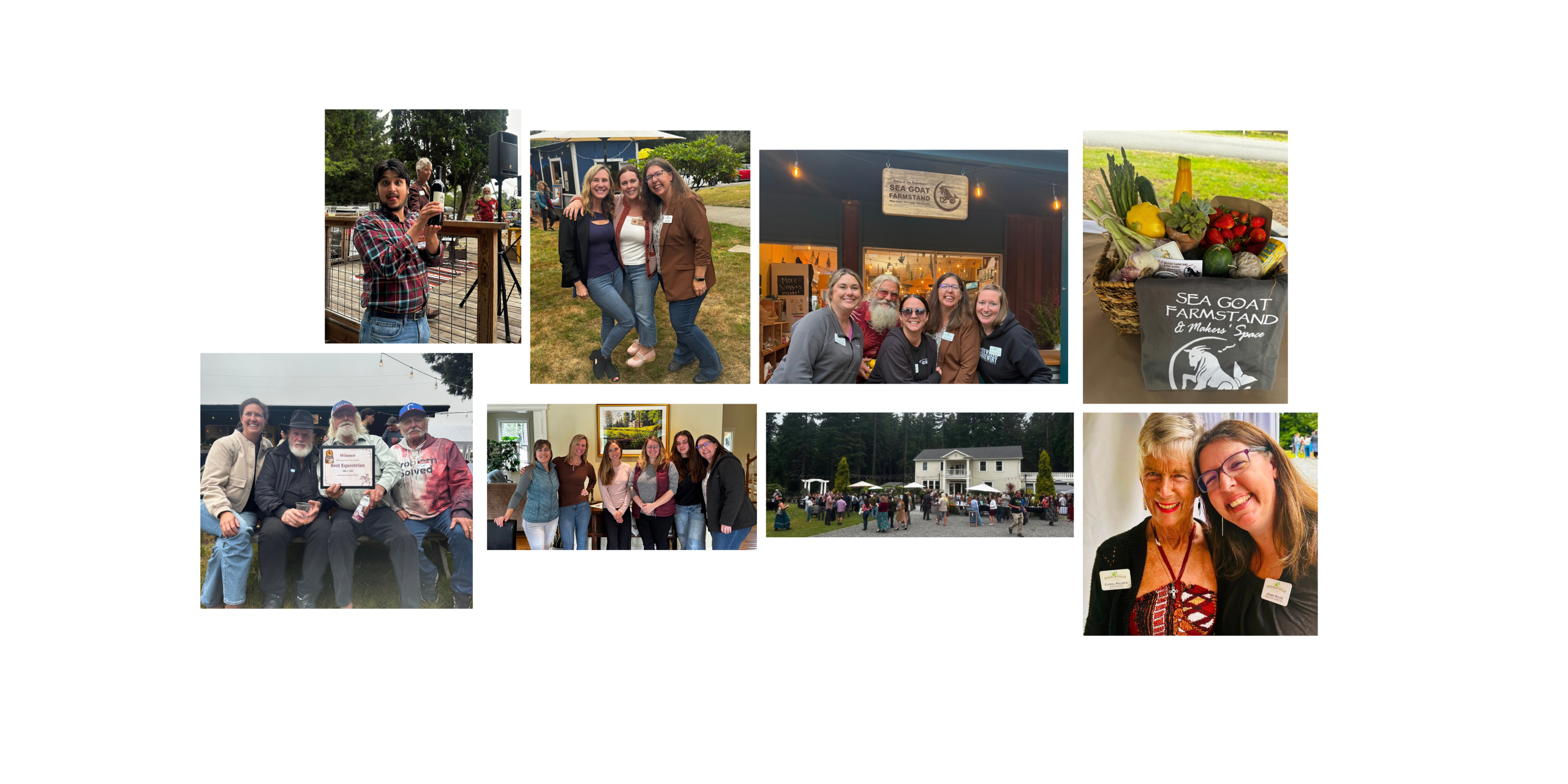 Collage of photos from a community gathering featuring attendees, group photos, local products, and outdoor activities.