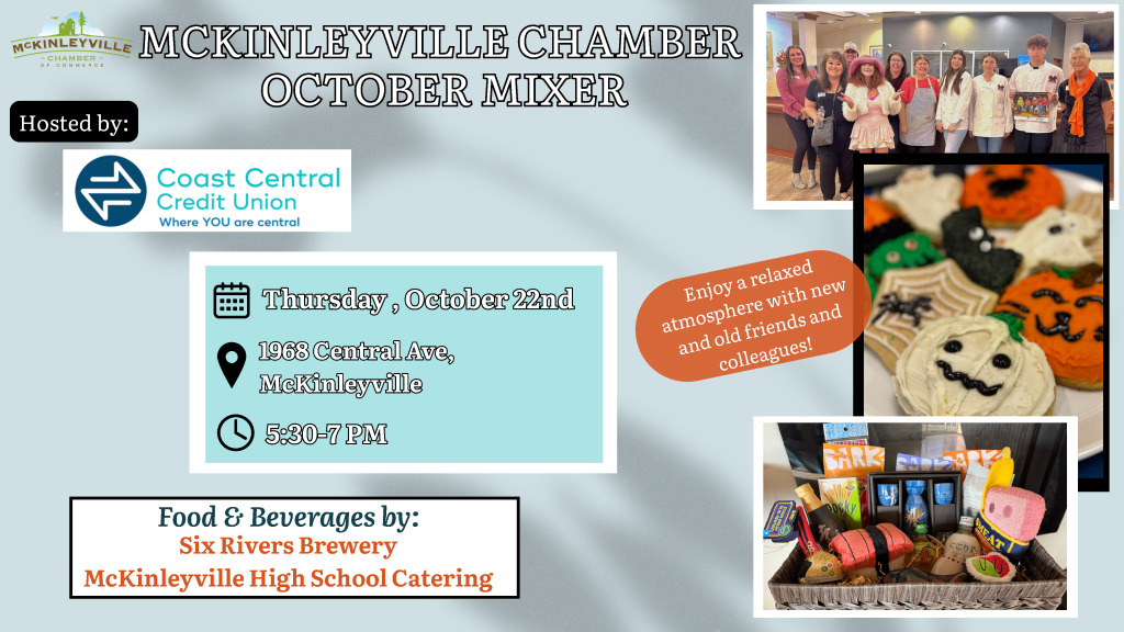 Promotional graphic for a chamber mixer featuring event details, photos, and sponsor information.