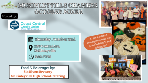 Promotional graphic for a chamber mixer featuring event details, photos, and sponsor information.
