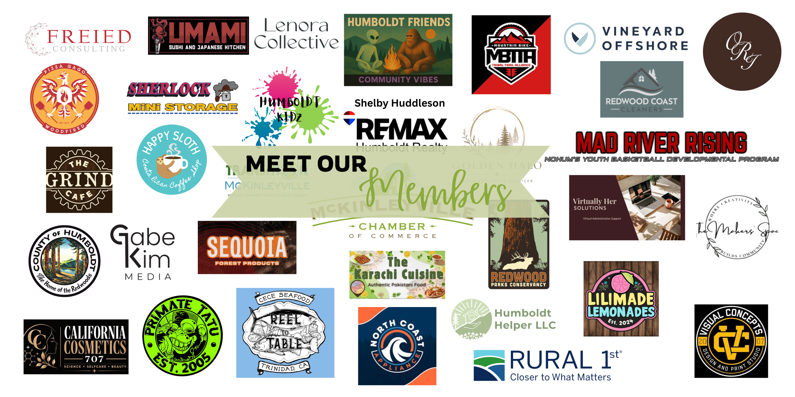 Meet Our Members graphic featuring logos from McKinleyville Chamber of Commerce member businesses and organizations.