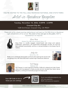 Promotional flyer for the Fall 2026 Redwood National and State Parks Artist-in-Residence Reception featuring event details, featured artists, and RSVP information.