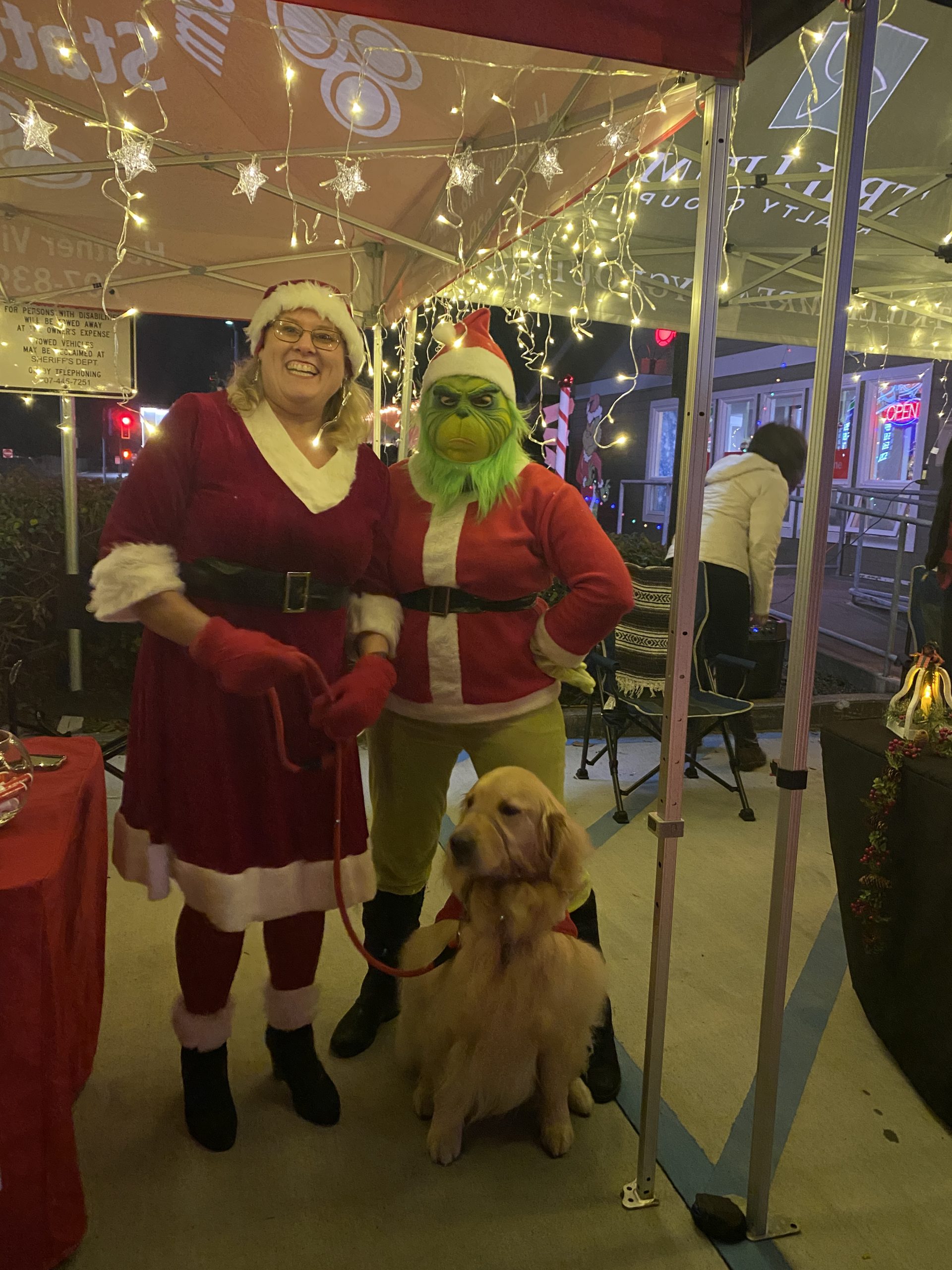 Mrs. Claus, the Grinch, and a dog beneath warm holiday lights